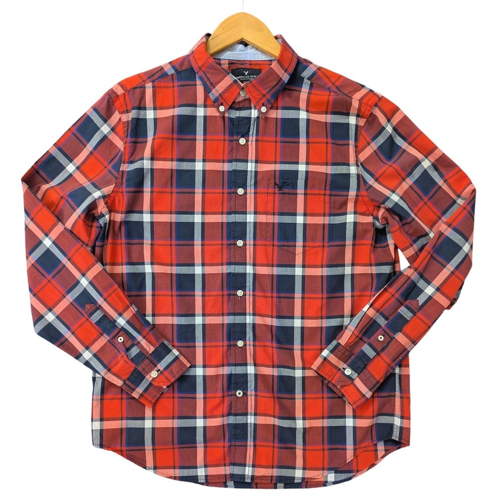 American Eagle Outfitters Mens Plaid Button‎ Down Shirt Classic Navy Red Large